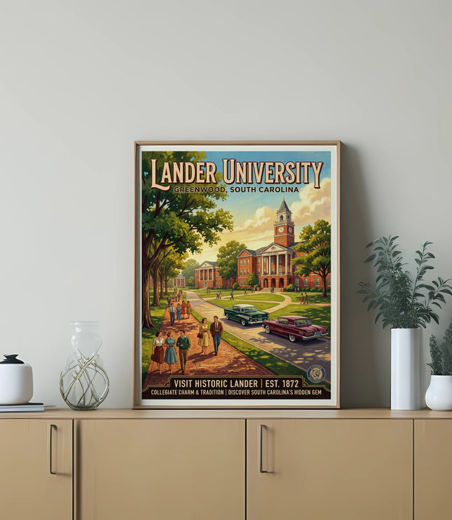 Lander University vintage travel poster from Greenwood, South Carolina.