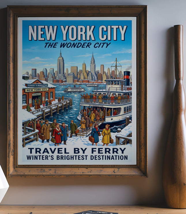 New York City vintage travel poster of a ferry in winter with the skyline.
