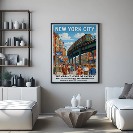New York City travel poster featuring a street scene with a train and people.