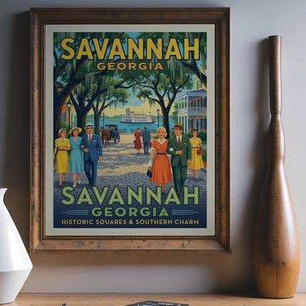 Vintage poster of Savannah, Georgia, depicting a couple walking down a street.