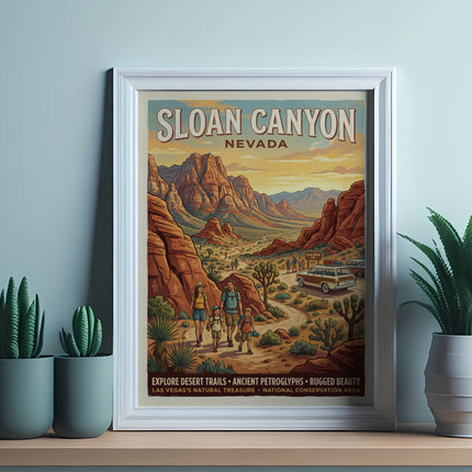 Poster of Sloan Canyon, Nevada, featuring people and cars on a desert trail.