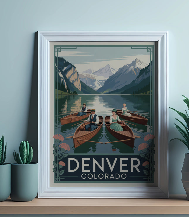 Vintage travel poster of people in rowboats on a lake with mountains.