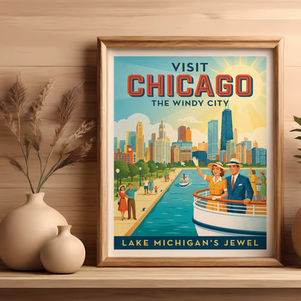 Vintage travel poster for Chicago featuring a couple on a boat with city skyline.