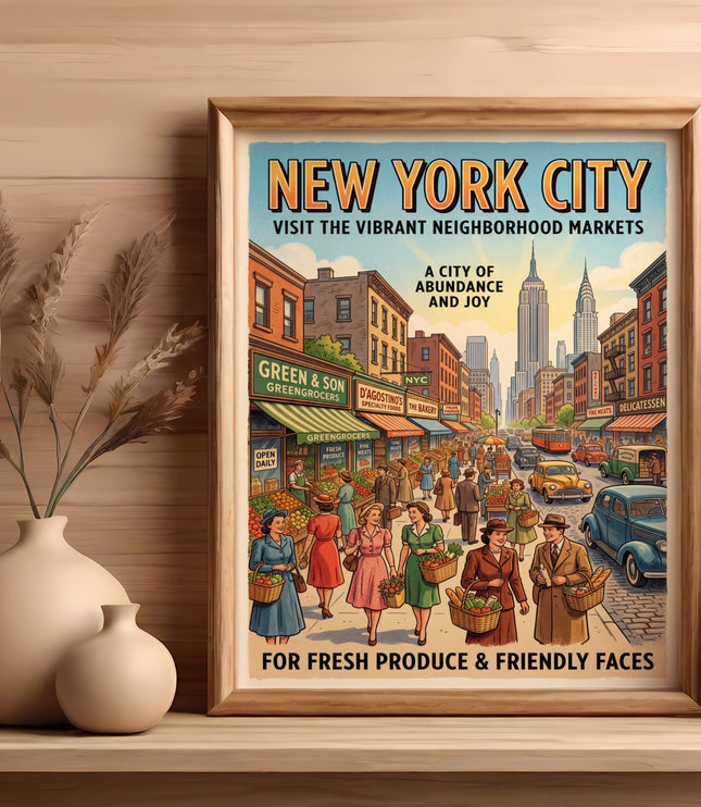 New York City poster featuring vibrant neighborhood markets, skyscrapers, and people with produce.