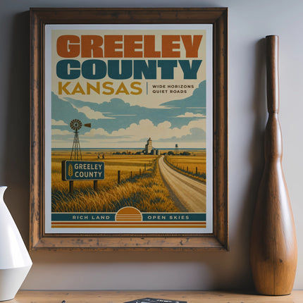 Greeley County, Kansas poster with windmill, road, and wide horizons.