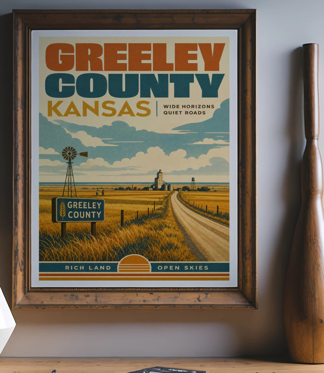 Greeley County, Kansas poster with windmill, road, and wide horizons.