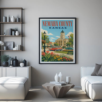 Poster of Nemaha County, Kansas, featuring a town square with a classic car.
