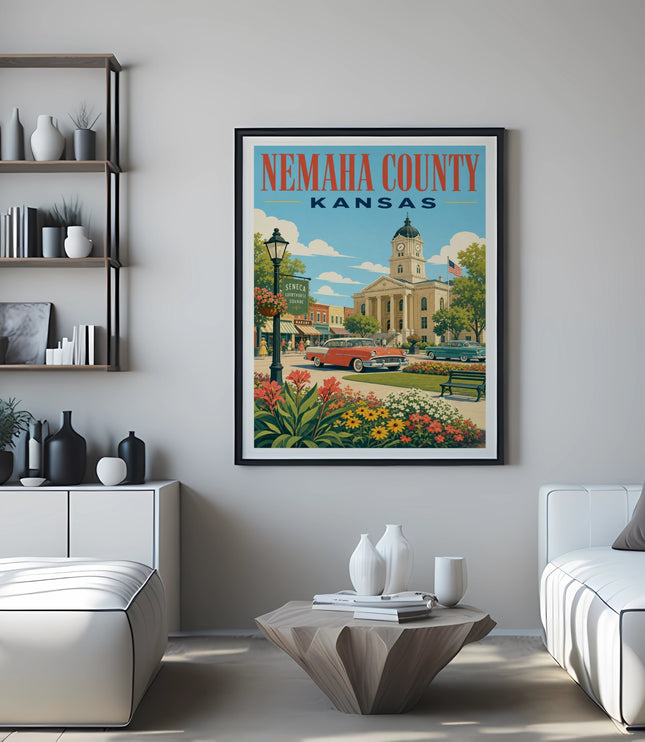 Poster of Nemaha County, Kansas, featuring a town square with a classic car.