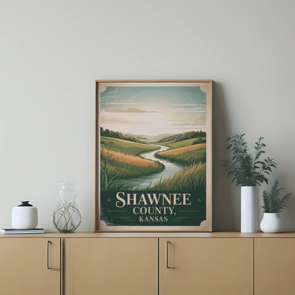 Poster of a winding river through grassy hills with text "Shawnee County, Kansas".