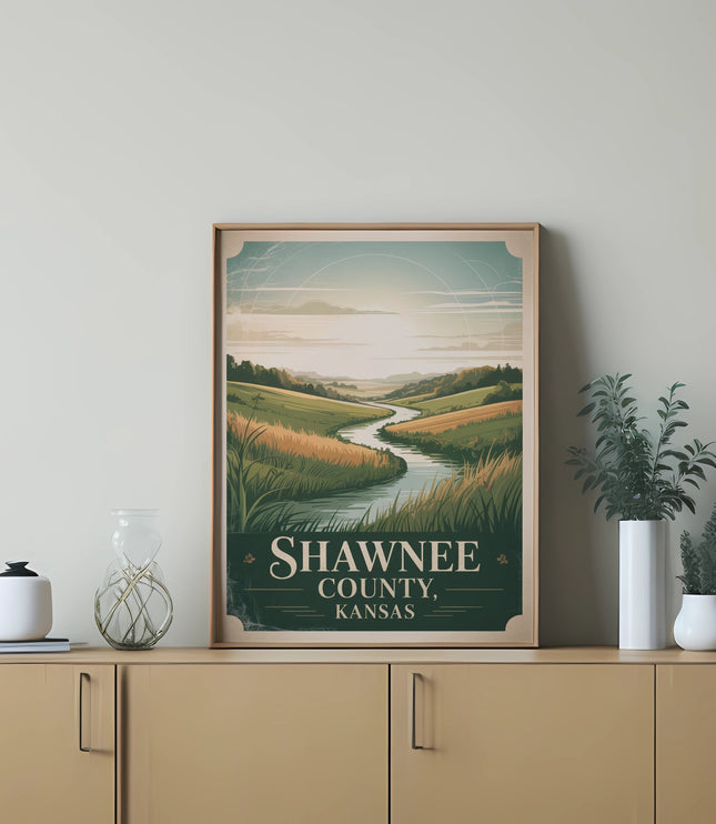 Poster of a winding river through grassy hills with text "Shawnee County, Kansas".