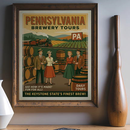 Pennsylvania Brewery Tours poster with people, barrels, and train.
