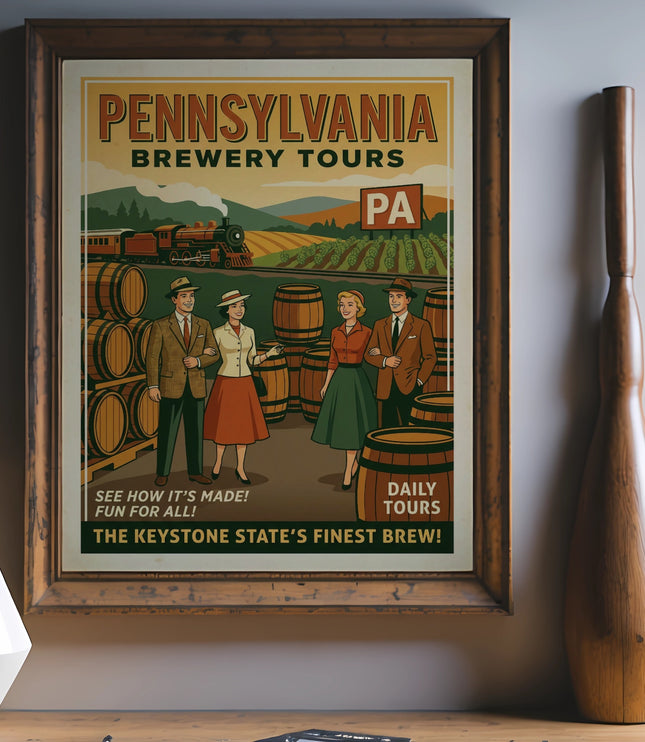 Pennsylvania Brewery Tours poster with people, barrels, and train.