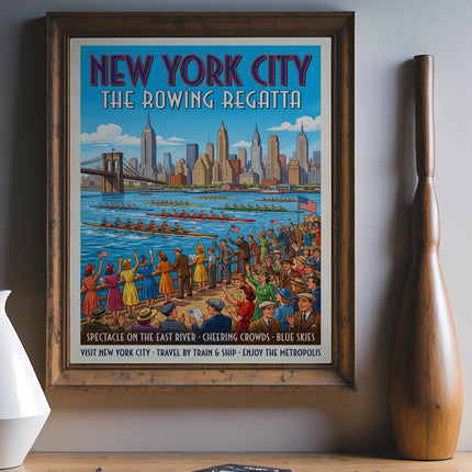 New York City Rowing Regatta poster with skyline, rowers, and cheering crowd.