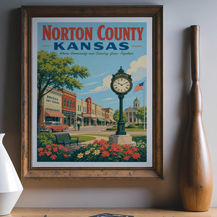 Vintage poster of Norton County, Kansas, featuring a town street scene and clock tower.