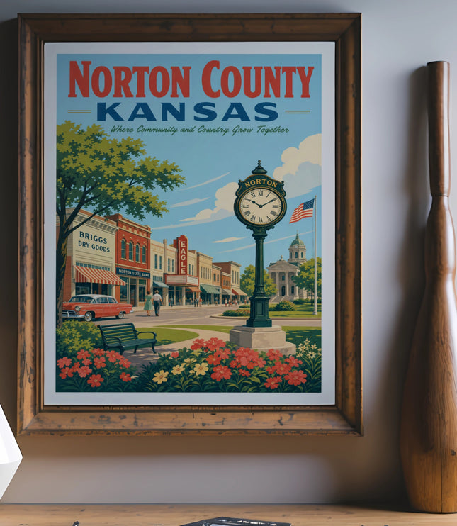 Vintage poster of Norton County, Kansas, featuring a town street scene and clock tower.
