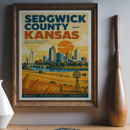 Sedgwick County Kansas poster with Wichita skyline, wheat fields, and windmill.