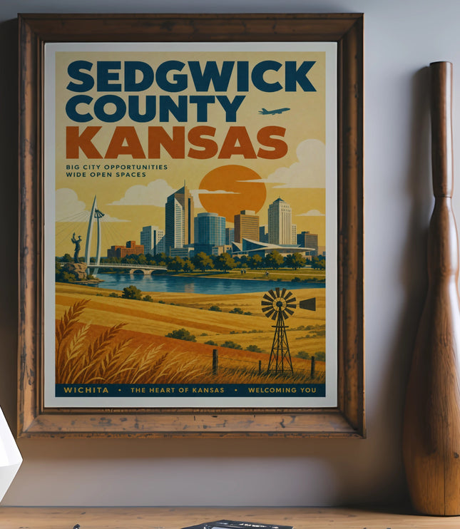 Sedgwick County Kansas poster with Wichita skyline, wheat fields, and windmill.