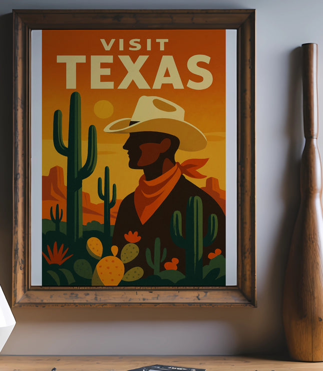 "Visit Texas" retro poster featuring a cowboy silhouette against a desert landscape.