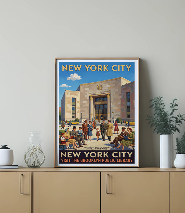 New York City poster featuring Brooklyn Public Library with people and text.