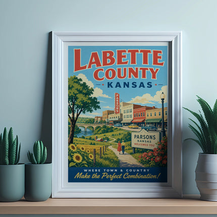 Vintage "Labette County, Kansas" travel poster with Parsons skyline.