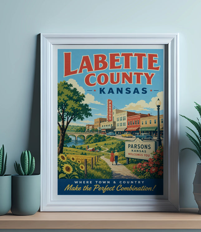 Vintage "Labette County, Kansas" travel poster with Parsons skyline.
