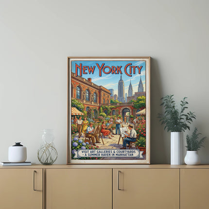New York City courtyard scene with text "A Summer Haven in Manhattan".