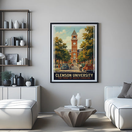 Clemson University campus scene with vintage cars and people, framed poster.