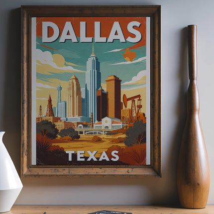 DALLAS TEXAS skyline with oil rigs in a vintage travel poster.