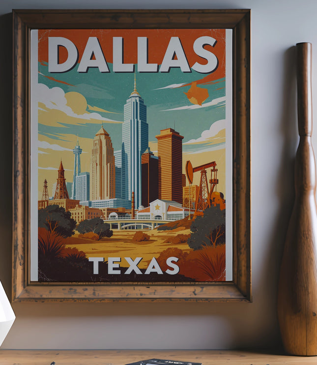 DALLAS TEXAS skyline with oil rigs in a vintage travel poster.