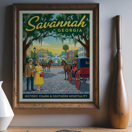Savannah, Georgia vintage travel poster with couple and carriage.