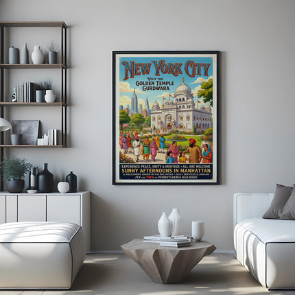 New York City poster advertising the Golden Temple Gurdwara with TWA and Pennsylvania Railroad.