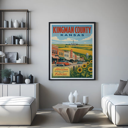 Framed "Kingman County, Kansas" poster featuring a vintage car, sunflowers, and rolling hills.