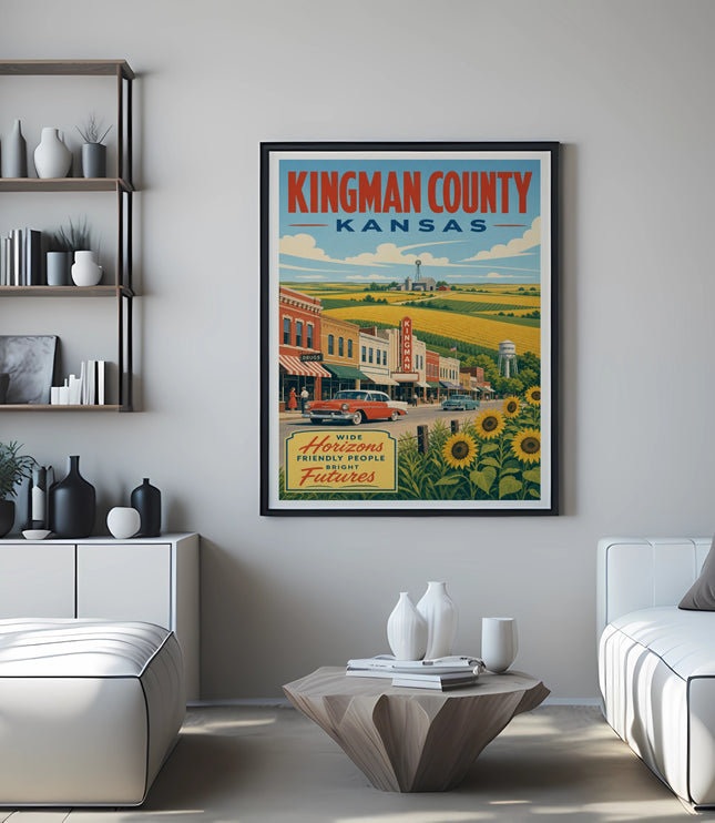 Framed "Kingman County, Kansas" poster featuring a vintage car, sunflowers, and rolling hills.