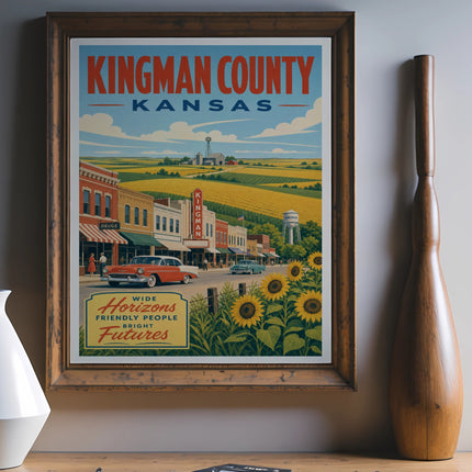 Vintage Kingman County Kansas travel poster featuring a street scene and sunflowers.