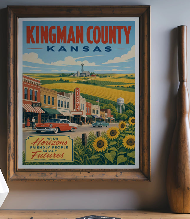 Vintage Kingman County Kansas travel poster featuring a street scene and sunflowers.