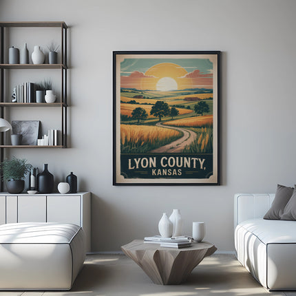 Vintage Lyon County, Kansas travel poster featuring a sunset over rolling hills and fields.
