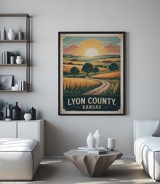 Vintage Lyon County, Kansas travel poster featuring a sunset over rolling hills and fields.