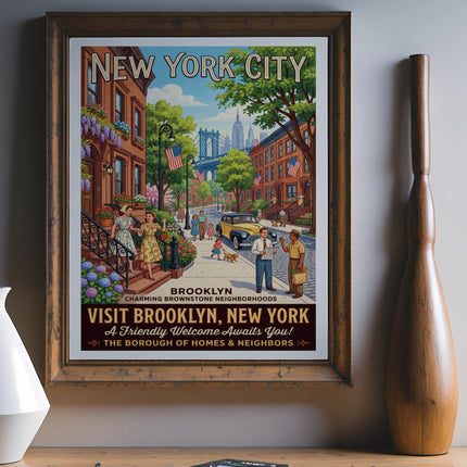 Vintage "Visit Brooklyn, New York" poster with Brooklyn Bridge and brownstones.