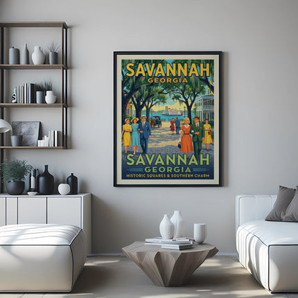 Savannah Georgia historic squares and southern charm vintage travel poster.