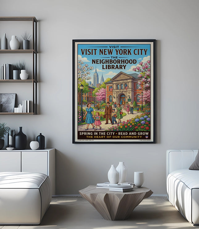 Visit New York City Neighborhood Library poster with spring scene and text.