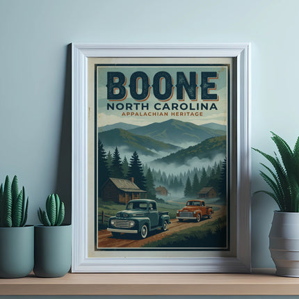 Boone North Carolina Appalachian Heritage poster with trucks and mountain cabins.