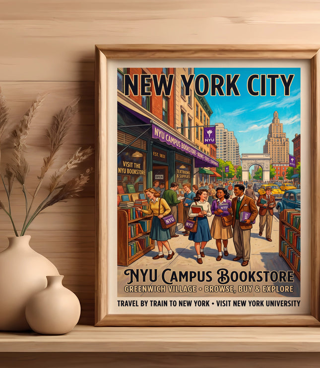 New York City poster featuring NYU Campus Bookstore, people, and buildings.