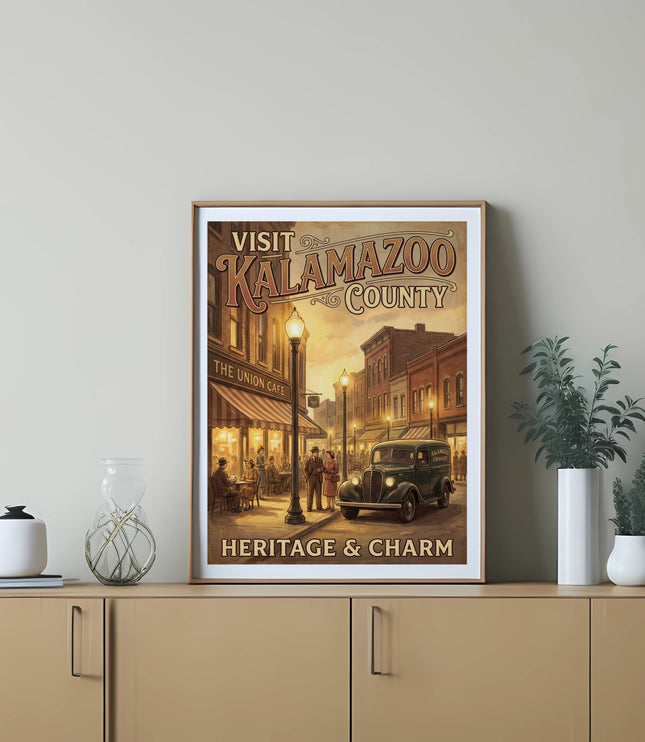 Vintage poster: Visit Kalamazoo County, Heritage & Charm, with Union Cafe and creamery truck.
