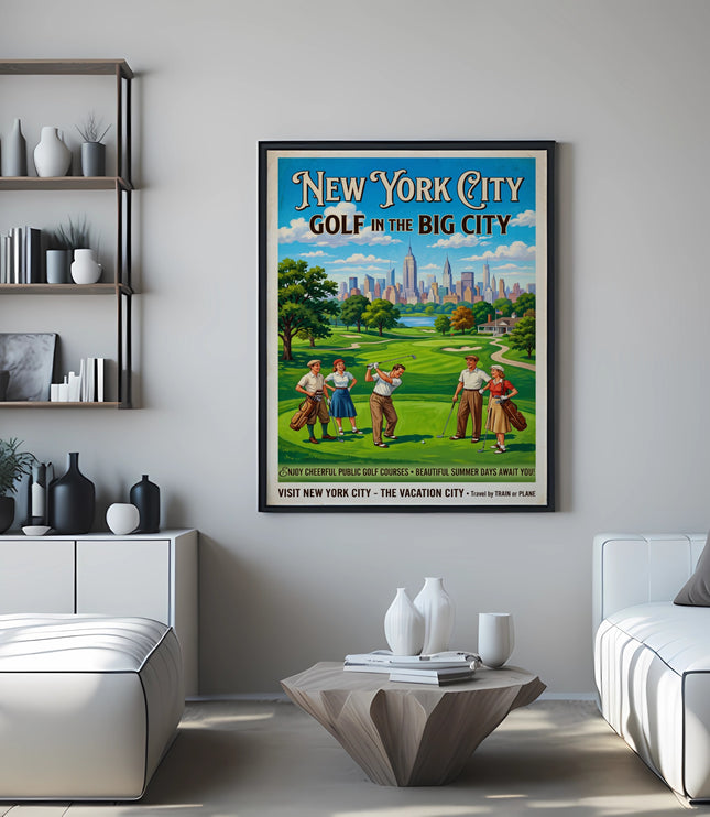 Vintage travel poster for New York City golf, featuring golfers on a course before the city skyline.