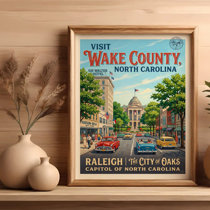 Vintage poster of Wake County, North Carolina, featuring Raleigh.
