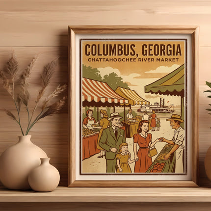 Columbus, Georgia Chattahoochee River Market vintage poster with people shopping.