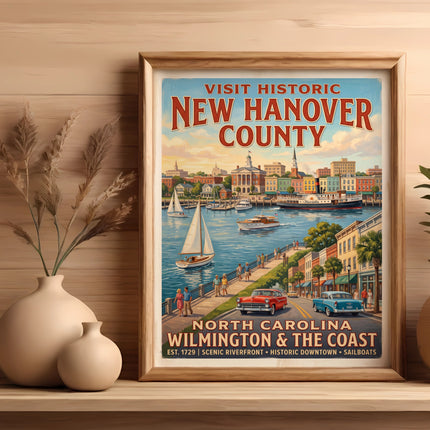 Vintage poster of New Hanover County, Wilmington, with boats and cars.