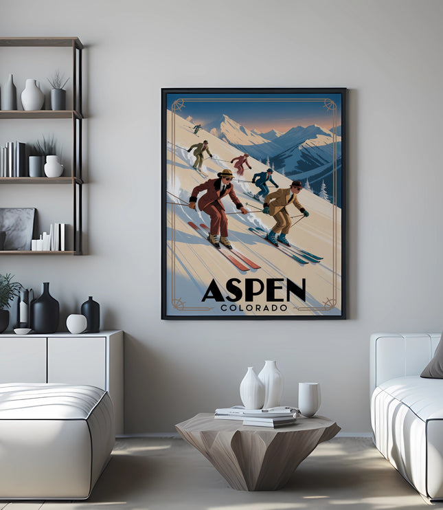Aspen Colorado vintage ski poster with skiers on a mountain slope.