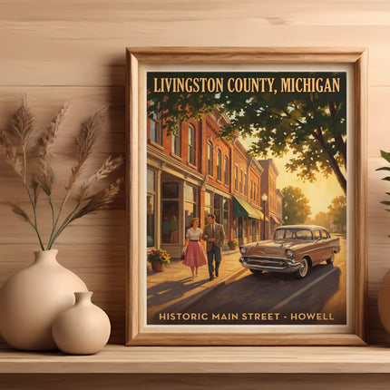 Vintage poster of Livingston County, Michigan historic main street Howell with couple and car.