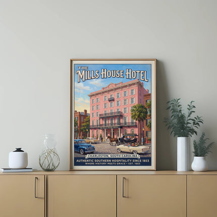 Poster of The Mills House Hotel in Charleston, SC, with vintage cars and horse-drawn carriage.
